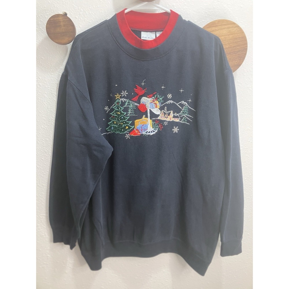 VINTAGE Bobbie Brooks Embroidered Winter Christmas Bird Sweatshirt Size XL